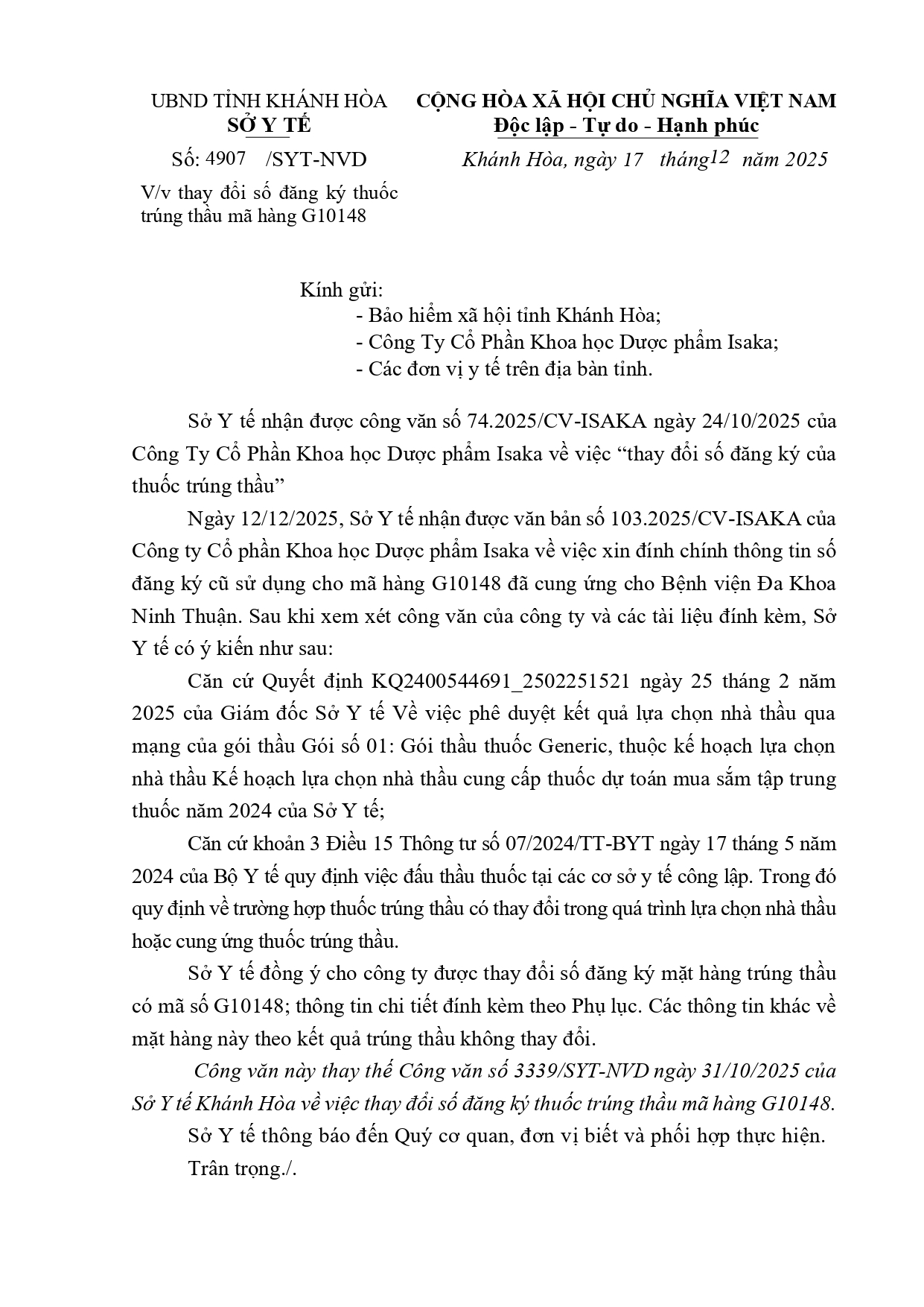 V/v thay đổi số đăng ký thuốc trúng thầu mã hàng G10148